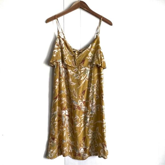 Roxy Still Waking up ruffle tip top spaghetti strap mini dress yellow floral sz8 - Picture 1 of 11